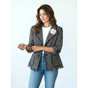 Lafayette 148 New York Wool Mohair Silk Blazer Jacket Black Trim Size 10 Pockets